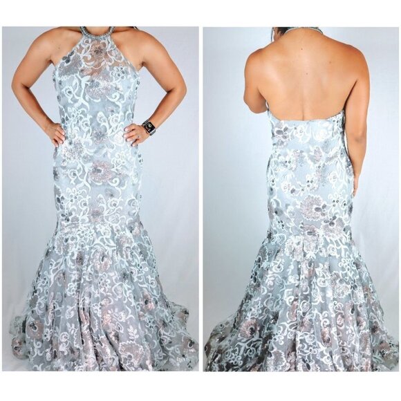 NWT Tiffany Designs Silver Floral Sequin Formal Gown $665 - Picture 2 of 12